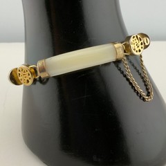 Chinese Longevity Mother Of Pearl Bracelet Safety Chain 7in Gold Tone
