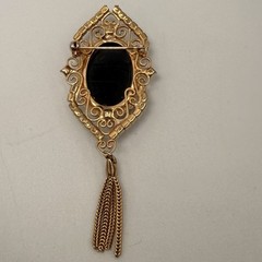Vintage Victorian Revival Brooch Lot of 2 Gold Black Enamel Tassel Filigree