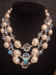 Miriam Haskell 30s AB Crystal Pearl 3 Strand Necklace