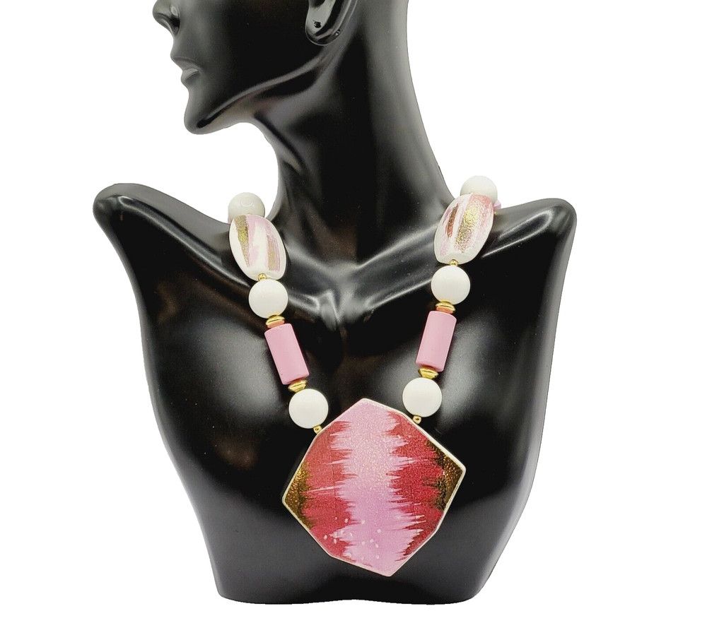 Hand Painted Porcelain Ceramic Pendant Beaded Vintage Necklace 30 Inch Japan