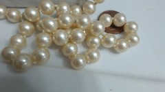 Vintage Long Creamy Beige Knotted Glass Bead Necklace Seashell Clasp 37″