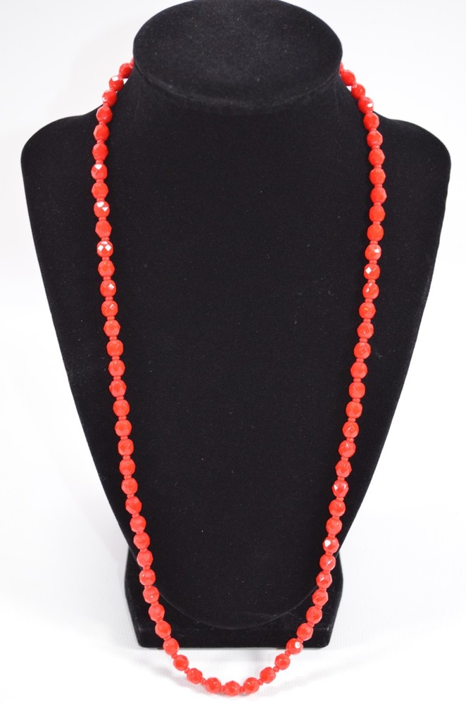 Vintage Handmade Glass Bead Necklace Small Round Red Faceted Beads 24.5″