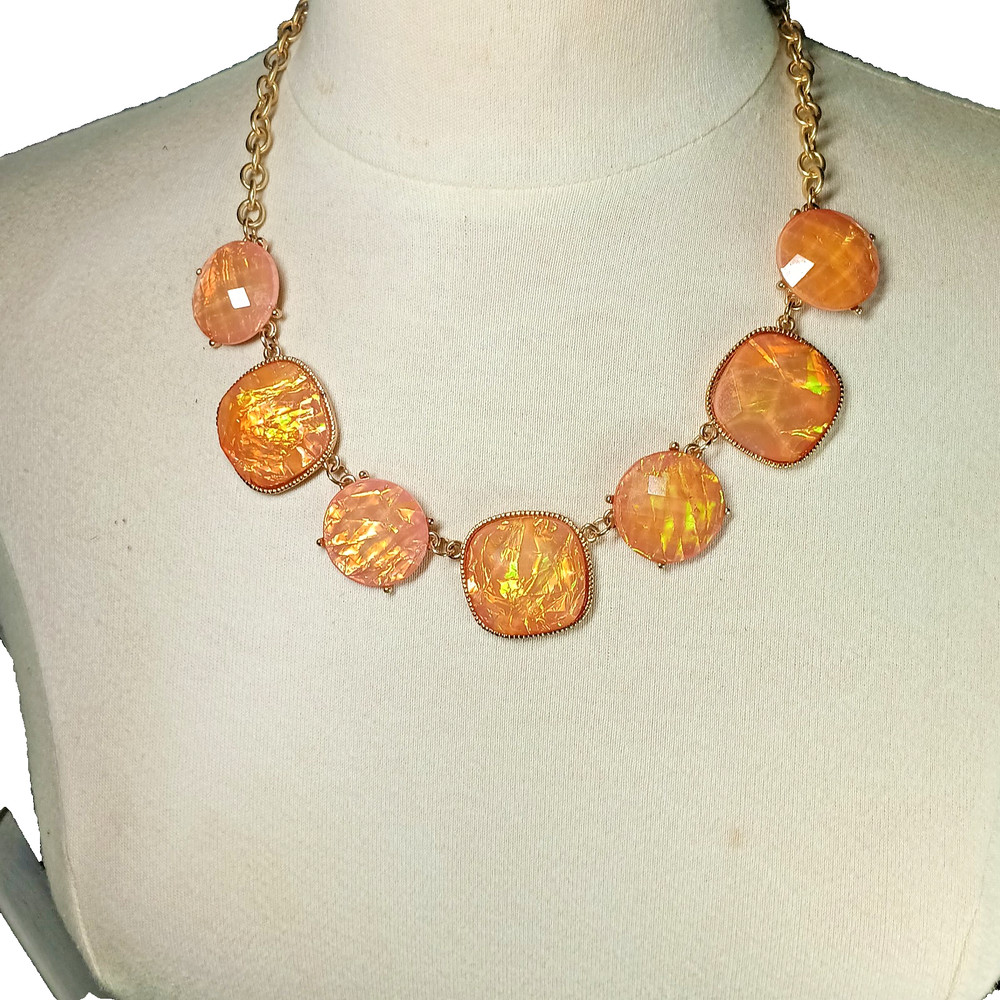 Vintage Statement Necklace, Faux Fire Opal, Orange, Gold Tone Chain, c. 1970s