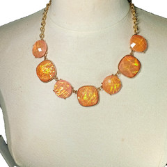 Vintage Statement Necklace, Faux Fire Opal, Orange, Gold Tone Chain, c. 1970s
