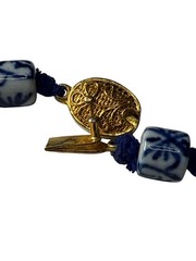 Chinese Export Blue White Porcelain Bead Necklace Gold Clasp Hand Painted Vintag