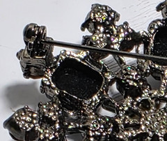 Vintage Flower Rhinestone Brooch 45mm Black Clear Lucite Burst Gunmetal Tone