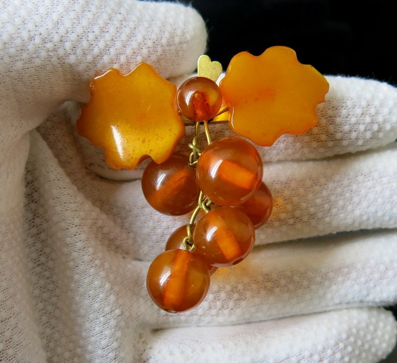 Vintage Baltic Amber Grapes Brooch USSR