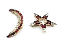 B David Clear Gold Tone Red Rhinestone Crescent Moon Star Brooch Pins