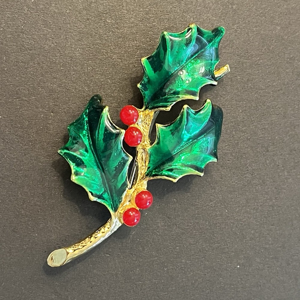 Vintage Signed AAI Holly Green Enamel Gold tone Brooch Pin 1990s