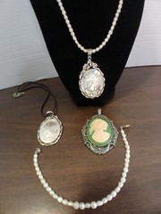 Lot of 4 Cameo Pendants Carved Shell Silver Tone With Pearl Necklace & Bracelet