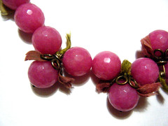 Unique Vintage Handmade Faceted Fuchsia Quartz & Avocado Braided Silk Necklace