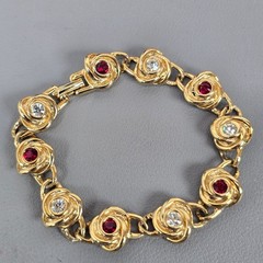 Vintage Gold-Tone Floral Bracelet W/ Whiter/Red Austrian Crystals & Original Box