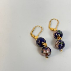 Vintage Cloisonne Drop Earrings Blue Floral Boho Cottagecore Whimsygoth Jewelry