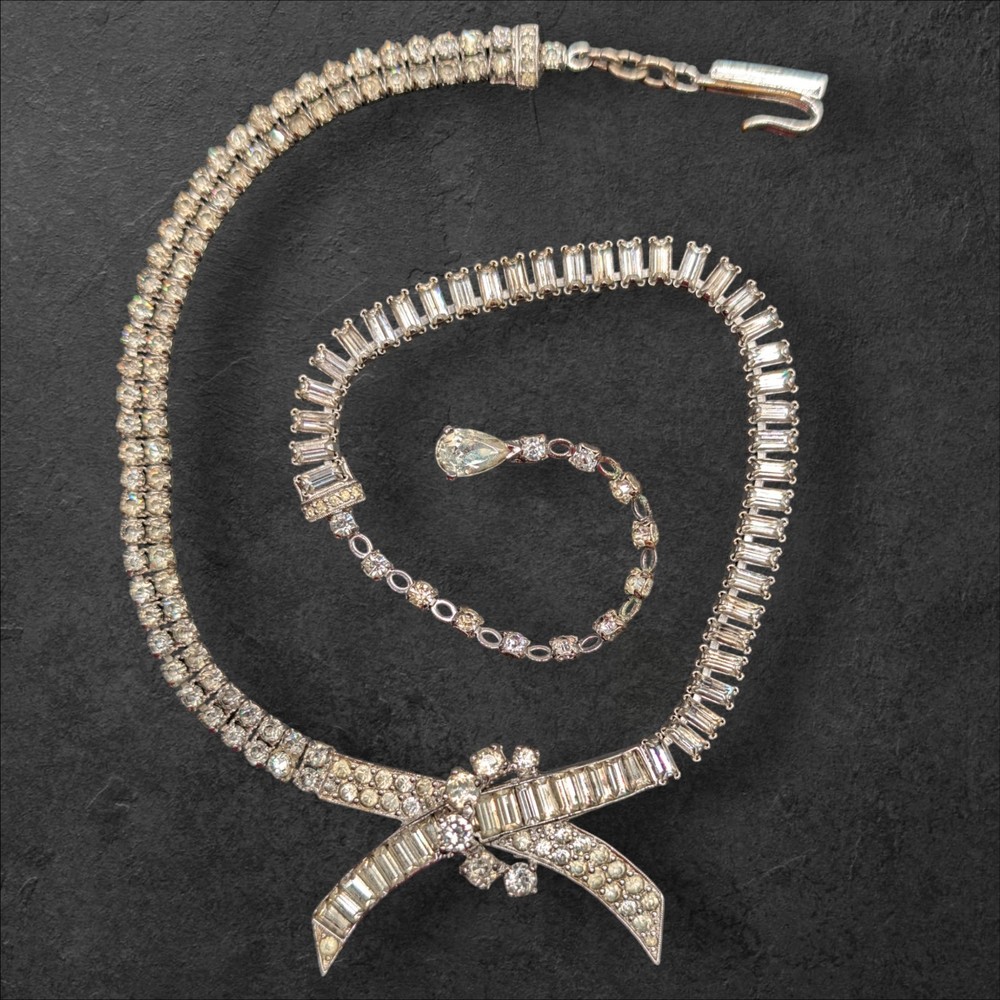 Vintage JOMAZ Signed Joseph Mazer Clear Rhinestone Silver Tone Necklace ⚠️Read