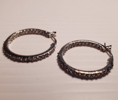14K White Gold on Solid Sterling Silver 27mm Hoop Earrings Cubic Zirconia Stones