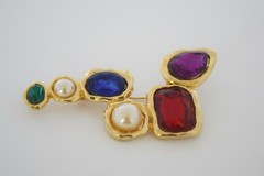 2 Vintage Gold Tone Colorful Larg Brooch Pin Red Purple Blue Green Pearl ERA1979