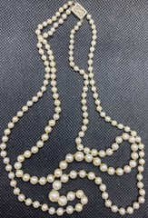 Graduated Double Strand Knotted Antique Pearl Sterling Silver Clasp 17” Signed M