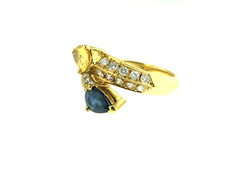 Yellow & Blue Pear Sapphires 1.80ct + Diamonds 0.60ct Cross-Over~18Kt Gold Ring