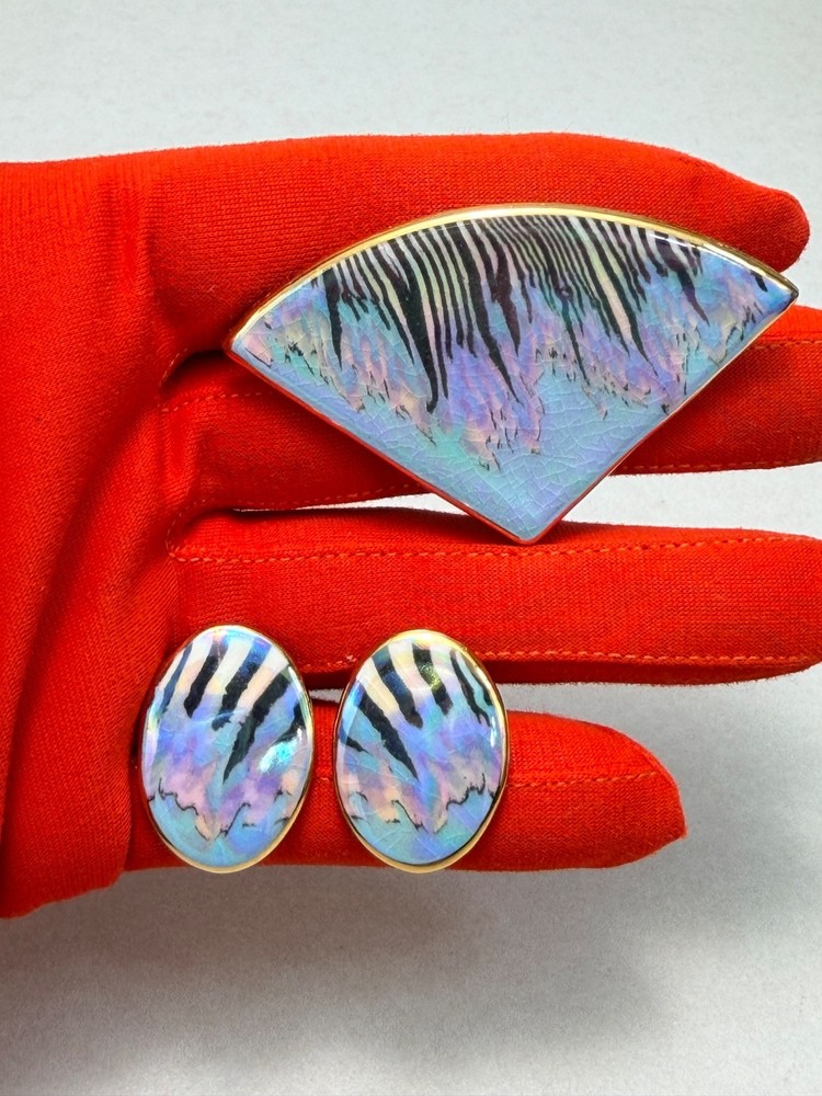 Modernist Ceramic Brooch Earrings Set Abstract Art Design Vintage