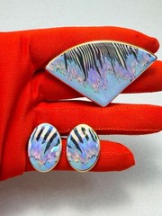 Modernist Ceramic Brooch Earrings Set Abstract Art Design Vintage