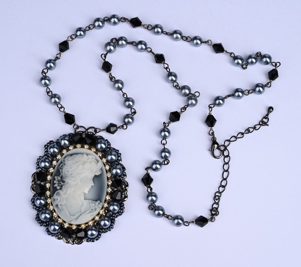Vintage Cameo Necklace Blue Faux Pearl Black Bead Rhinestone 23″