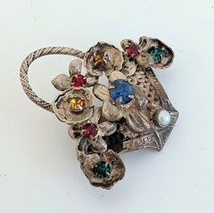 Wonderful Small Antique Sterling Silver Rhinestone Flower Basket Pin Brooch