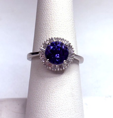 Vintage Signed Rhapsody Platinum 950 Blue Tanzanite Diamond Single Halo Ring