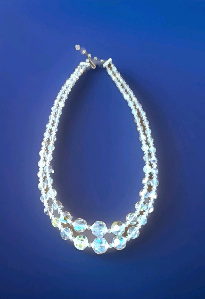 Quality 60’s Aurora Borealis Two Strand Graduated 20″ Rhinestone Clasp Necklace
