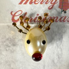 Vintage Reindeer Christmas Pin Brooch Faux Pearl Red Nose Amber Rhinestone Gold