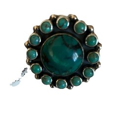 Dark Green Turquoise Bezel Set Cluster Setting Size 7.5 Ring 1.25” wide Sterling