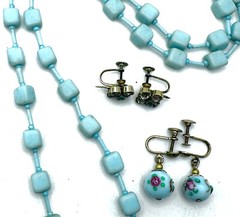 Lot Vtg Deco Czech Aqua Glass Cube Bead Necklace & Murano & JMS 1/20 GF Earrings