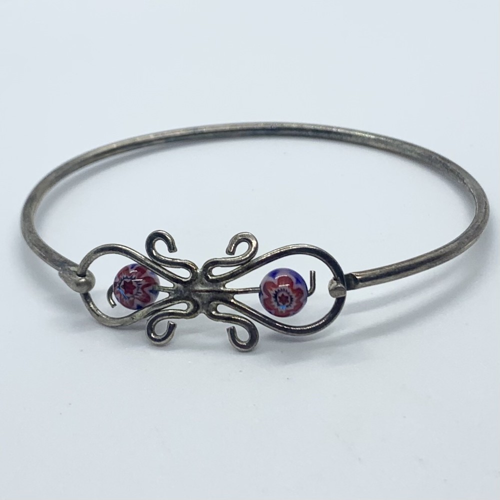 VTG MILLEFIORI RED BLUE SILVER BANGLE BRACELET TENSION HOOK CLASP FLORAL