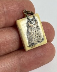 Vintage Hand Made Etched Great Horned Owl Pendent Ceramic Charm .5 Inches