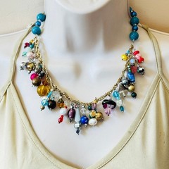 Vtg Art Glass Necklace Beaded Charm dangle Flashy colorful crystal Rare 18″ L