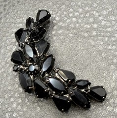 Vintage Black Rhinestone Cluster Crescent Moon Celestial Brooch Japanned Metal