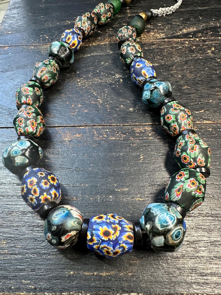 Vintage Nepal Millefiori Beads Statement Necklace – Large Old Glass Beads Stran