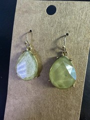 Green Iridescent Teardrop Earrings, Faceted Glass Dangle Drop Earrings