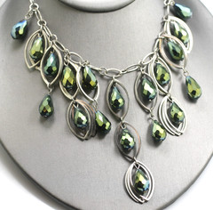 Green AB teardrop glass/ crystal drop dangle bib beaded chain necklace 18″