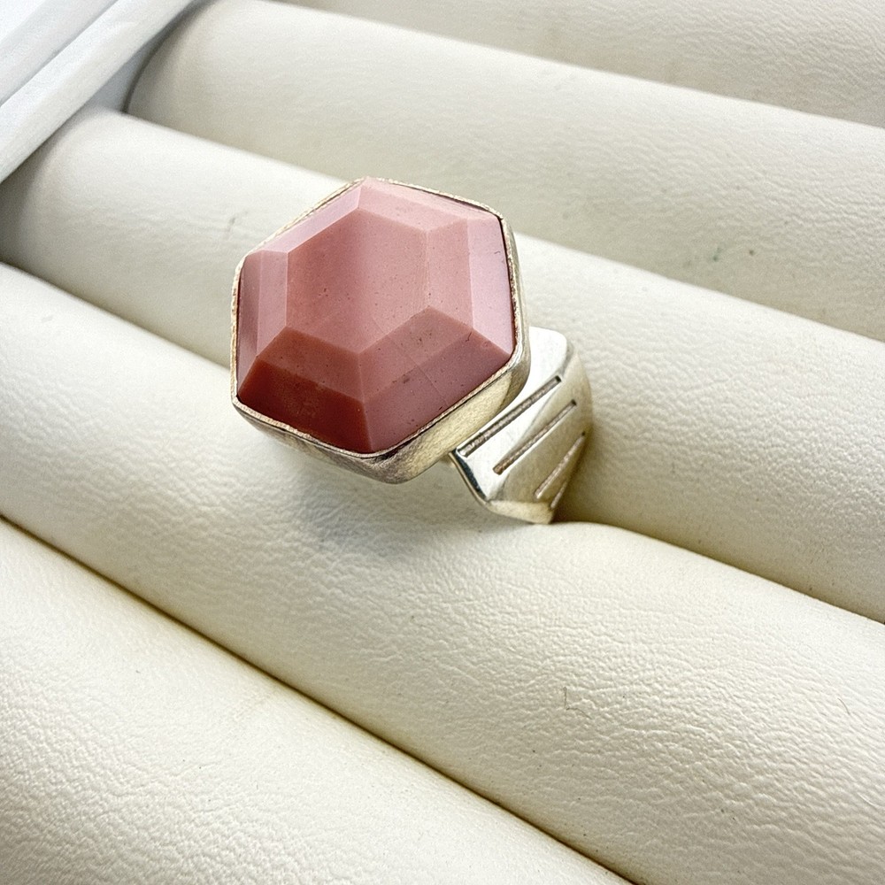 Jay King Ring Pink Stone Hexagon Carved size 8 Sterling Silver 925 Geometric