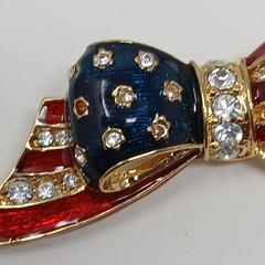 Vtg Signed Carolee Patriotic American Flag Bow Brooch Pin Enamel Diamanté Read