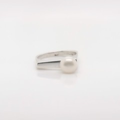 Signed Wesley Emmons Bar Top Modernist Sterling Silver & Button Pearl Ring