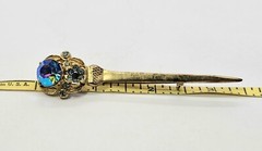 Vtg Sword Saber Brooch Dress Coat Kilt Pin Gold Tone AB Blue Rhinestone 3.5 In