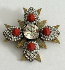 Vintage J. Crew Brooch Gold Tone Maltese Cross Brulee Crystal Clear Rhinestone