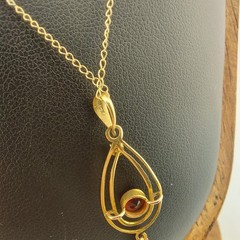 Edwardian Style 10k Gold Lavalier Pendant with Red Stone and Seed Pearl In Box
