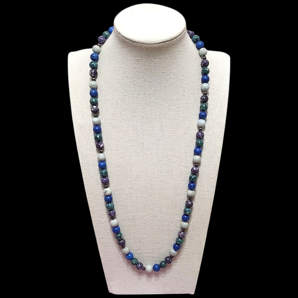VTG Boho Long Blue Purple Natual Stone Beaded Bohemian Statement Necklace 25″