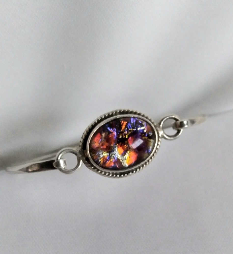 Vintage Mexico 925 Rope Accented Oval Diachroic Glass Tension Bangle Bracelet