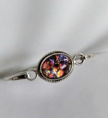Vintage Mexico 925 Rope Accented Oval Diachroic Glass Tension Bangle Bracelet
