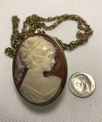 Vintage 1950s Faux Cameo Locket Necklace 23” Chain Locket 2.75” Holds Photo Etc