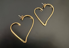 Retro 1980’s Faux Gold Heart Shaped Dangle Earrings, Lightweight, Pierced Ears
