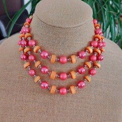 Vintage Japan 3 Strand Pink Apricot-Orange Bead Statement Choker Necklace 1950s
